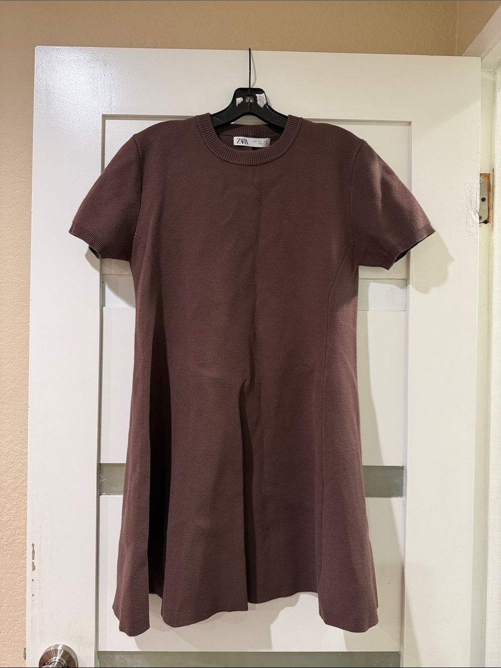 Zara Short Sleeve A-Line Knit Dress in Mauve Brown